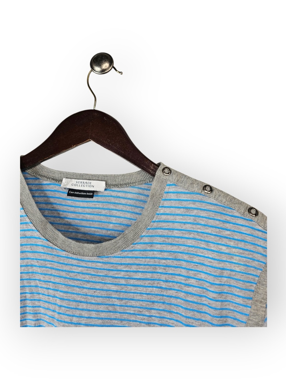 Versace Collection Men's Gray & Blue Striped T-Shirt Shoulder Button Detail - Picture 3 of 6